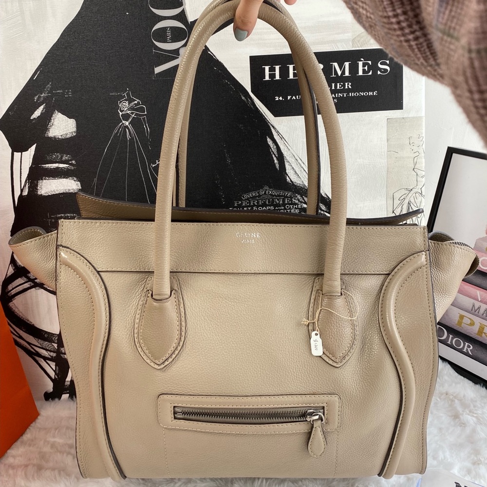 Celine Drummed Calfskin Shoulder Luggage Dune